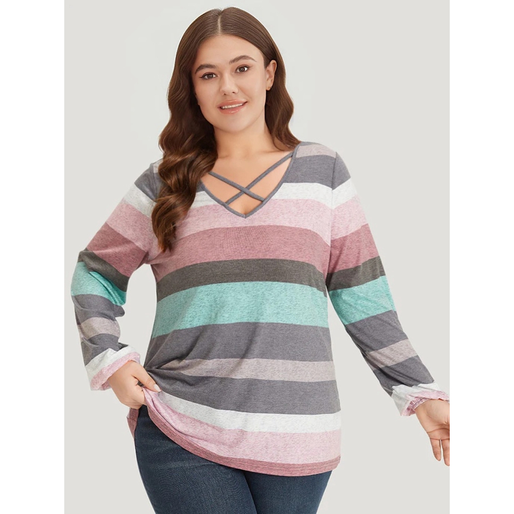 Plus Size 14 16 1x BloomChic colorful Striped Crisscross long sleeve top blouse